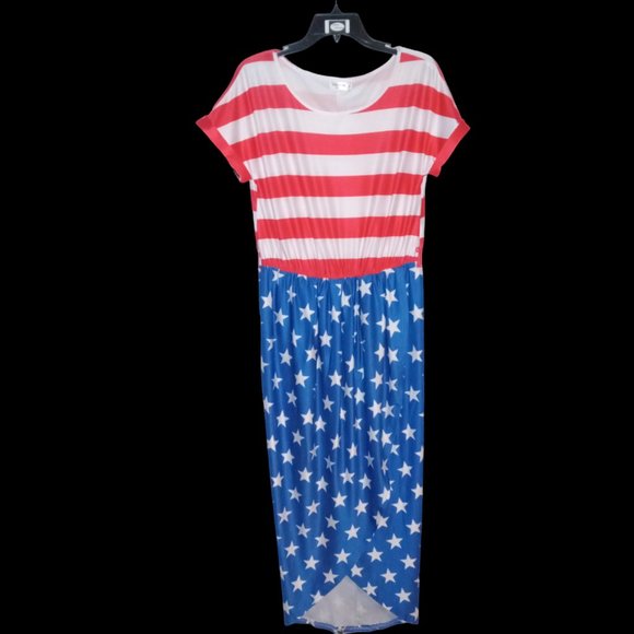 QEARAL Red/White Stripes Blue & White Stars Tulip Hem Midi Dress Size M - NWT - Picture 1 of 4
